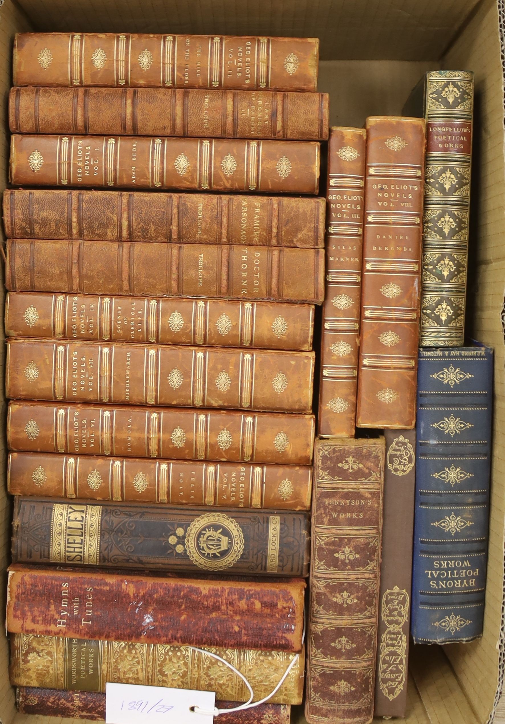 Bindings, mainly 19th century half calf works of Charles Dickens, George Eliot, the Bronte sisters, etc. in 4 boxes